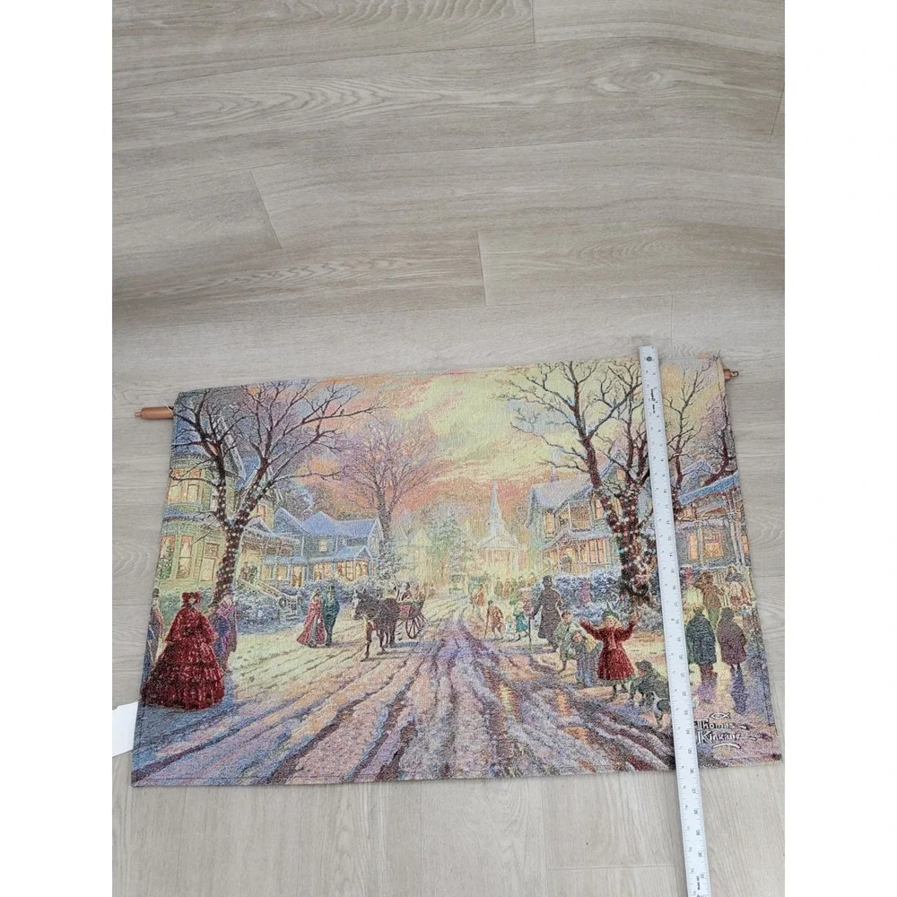 NWT Thomas Kinkade Fiber Optic Wall Tapestry Victorian Xmas Carol Hometown